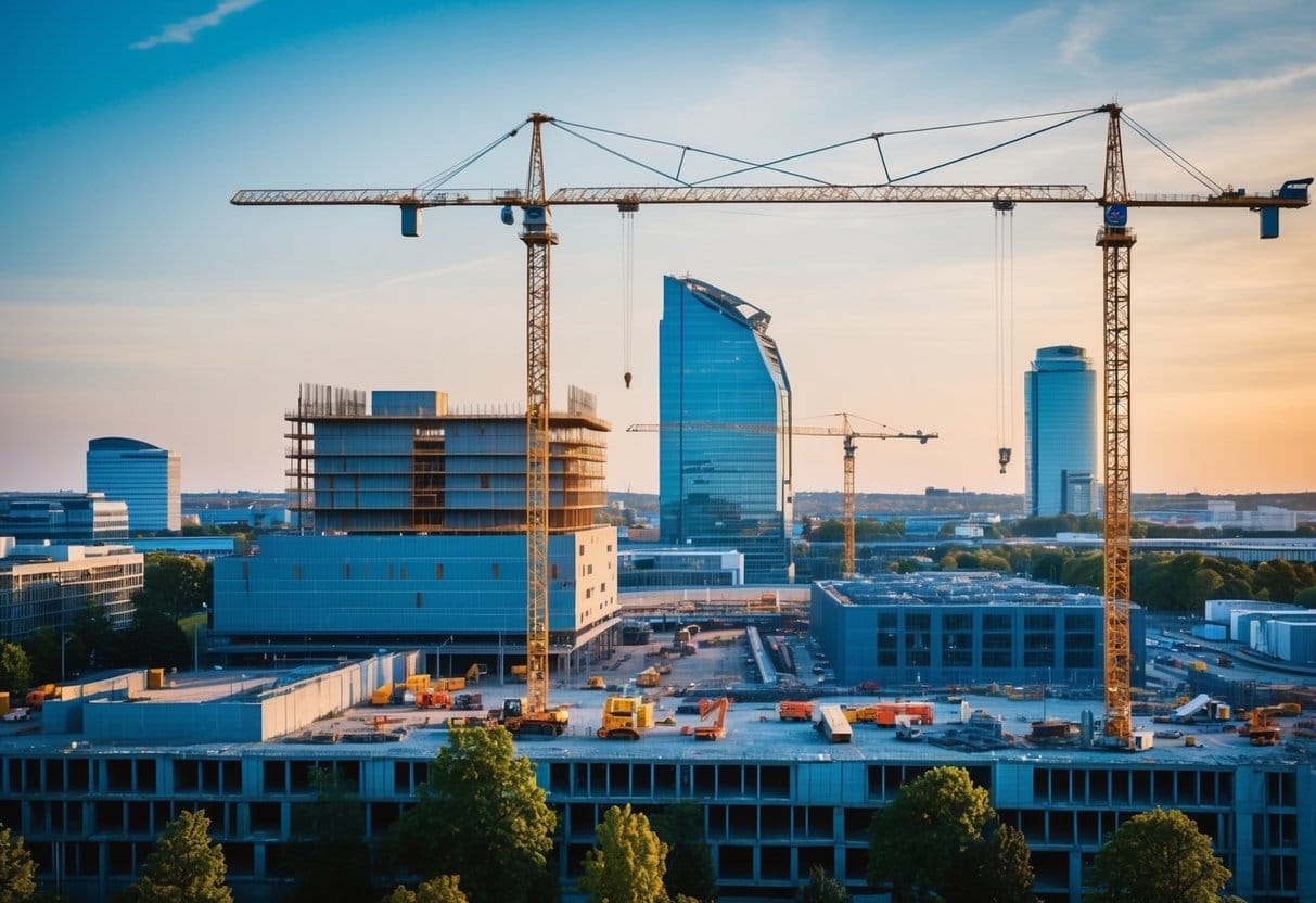 A bustling construction site on Amager with workers and engineers collaborating on a total enterprise project